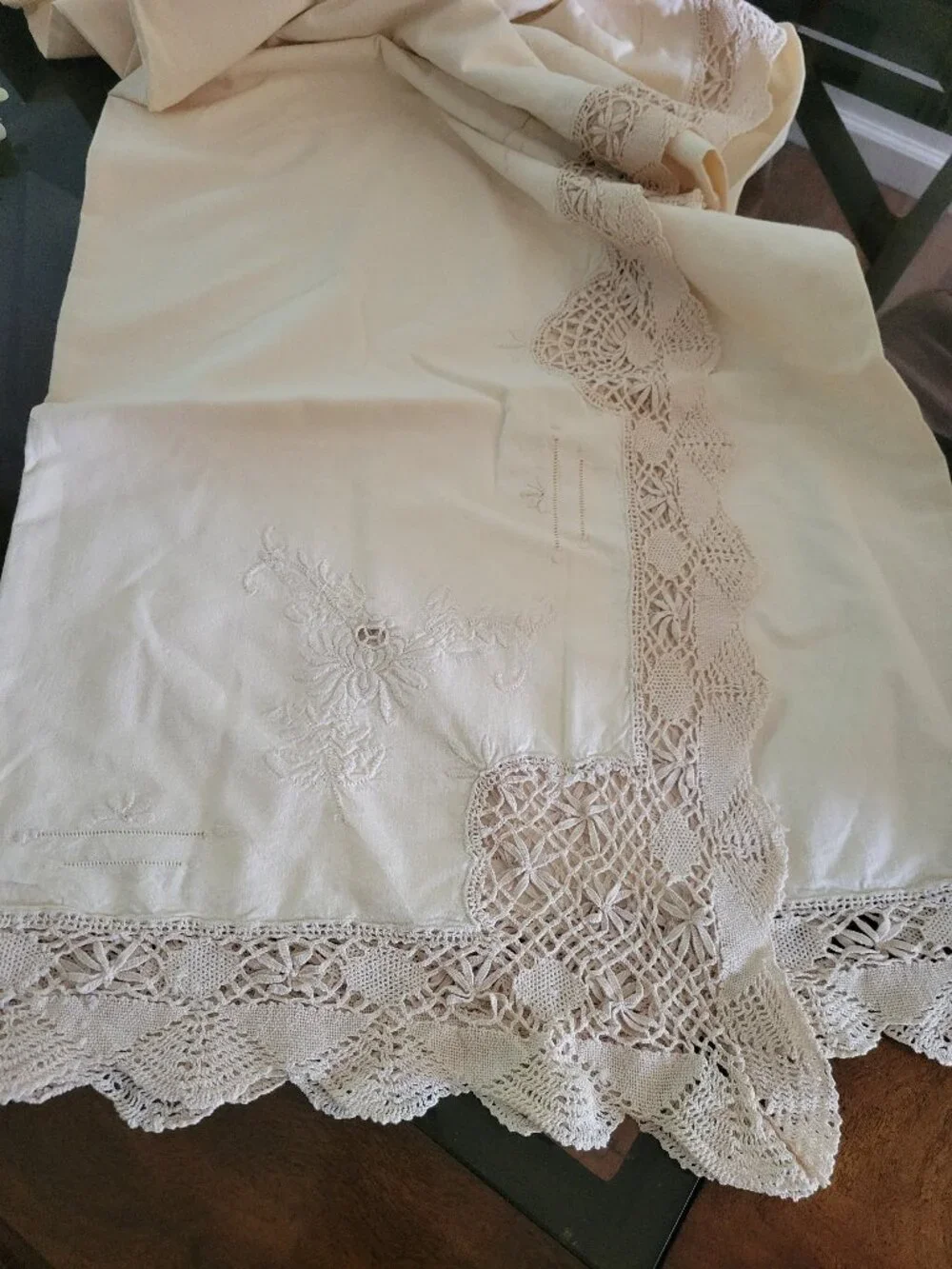 Vintage Cream Tablecloth with Embroidery and Crocheted Areas